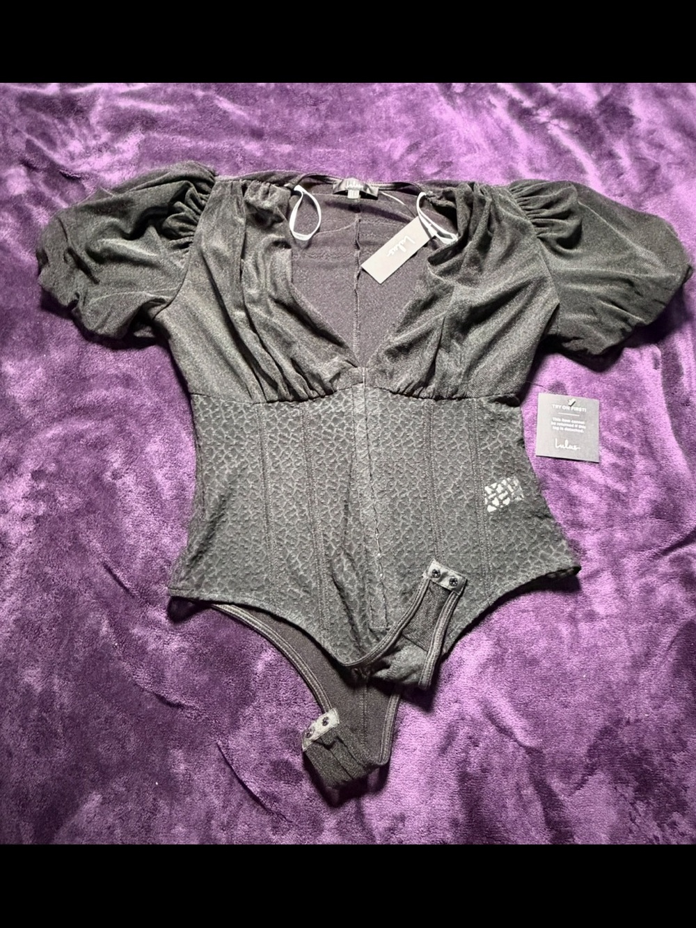 Lulus NWT Black Lace Corset Bodysuit Size Large Puff Sleeve Romantic Gothic